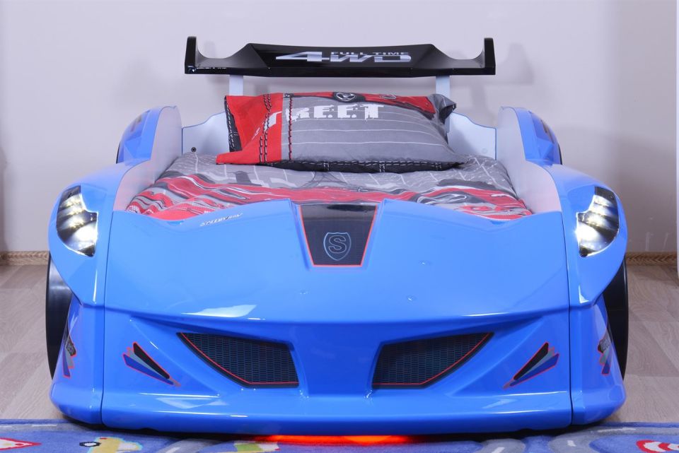 Jaguar Arabalı Yatak Rüzgarlıklı Full Ledli Kumandalı - Mavi