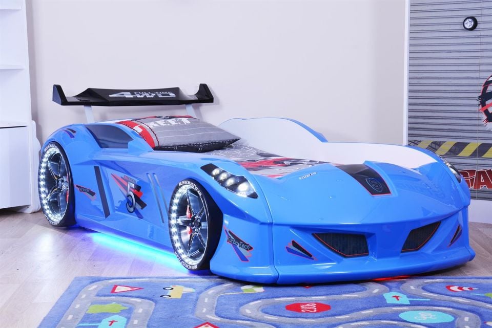 Jaguar Arabalı Yatak Rüzgarlıklı Full Ledli Kumandalı - Mavi
