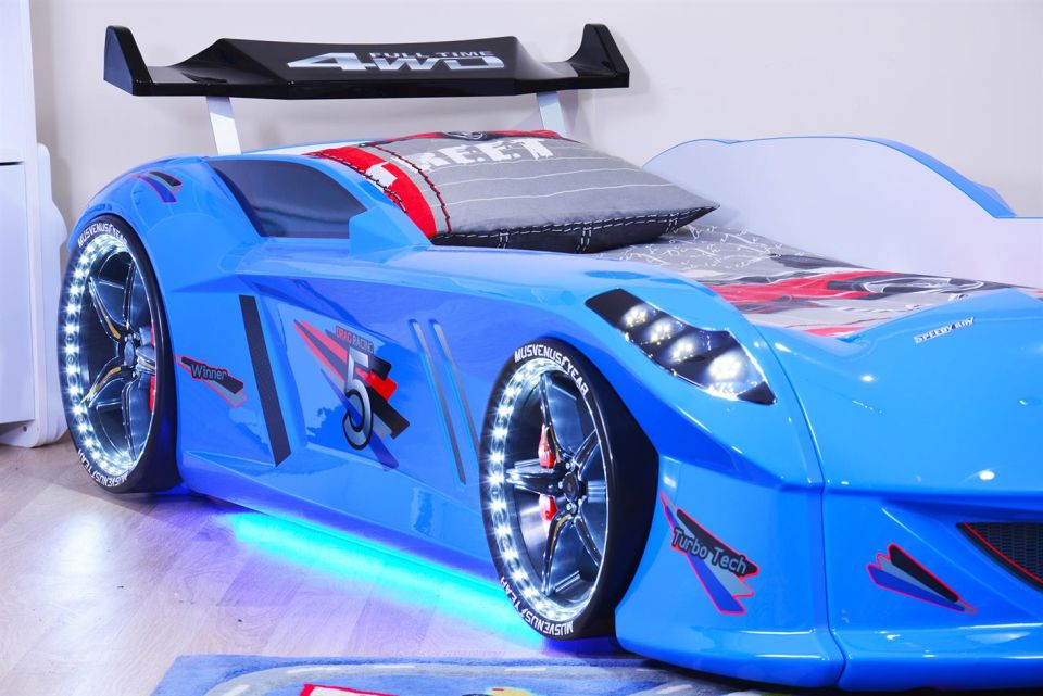 Jaguar Arabalı Yatak Rüzgarlıklı Full Ledli Kumandalı - Mavi
