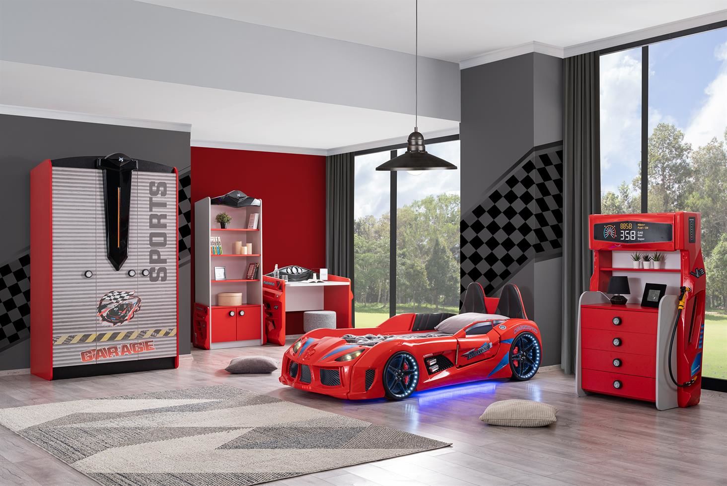 Sports Audi Arabalı Yataklı Çocuk Odası Takımı - Kırmızı