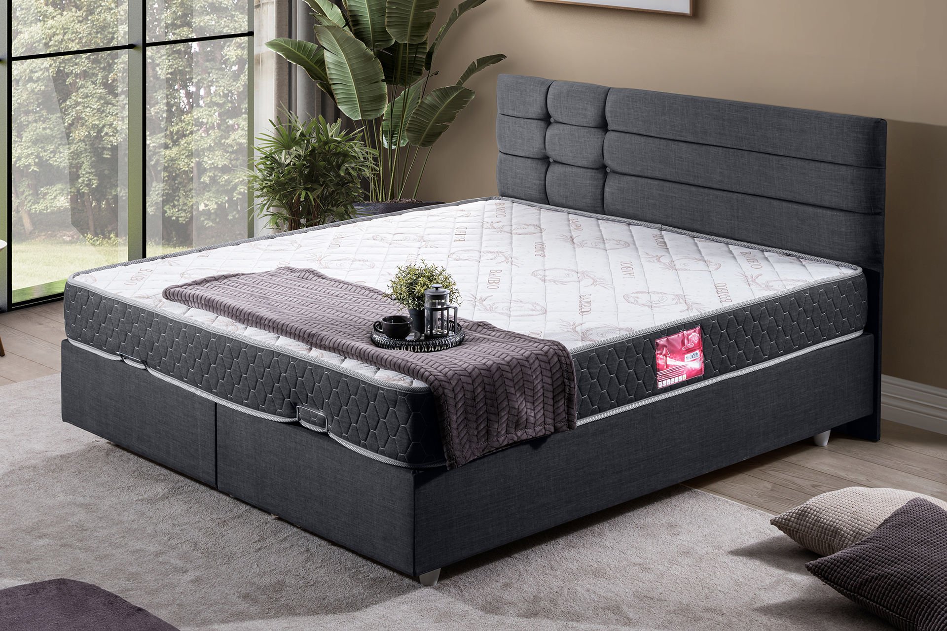 Viyana Çift Kişilik Baza Başlık Letto Yatak Seti 160 x 200 - Antrasit