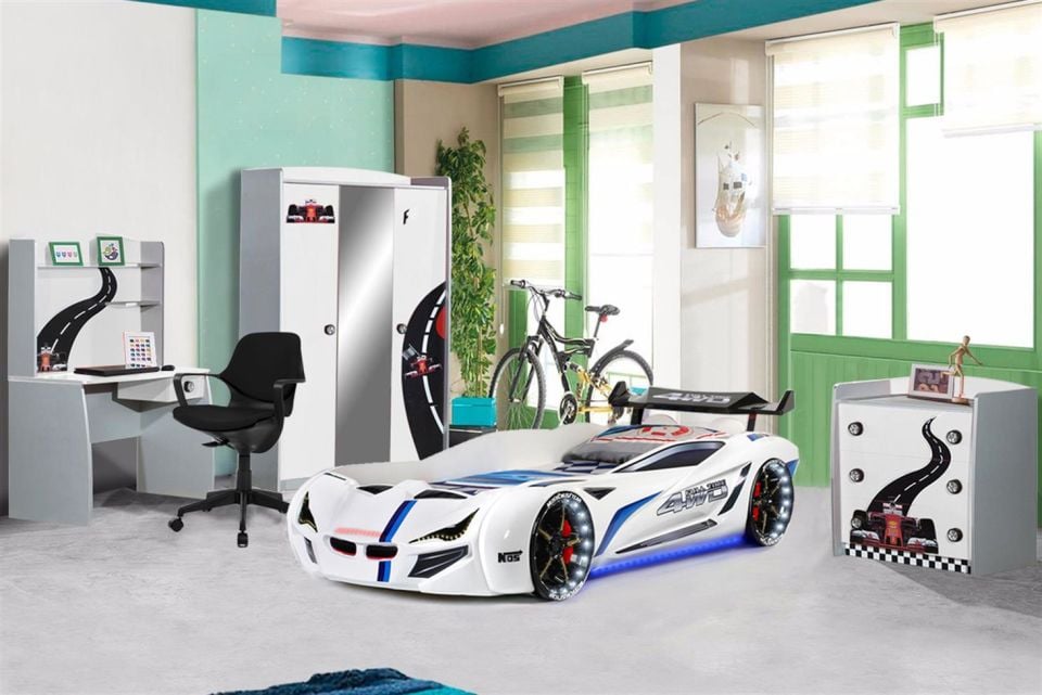Mercedes Rüzgarlıklı Arabalı Yataklı Formula Çocuk Odası Beyaz