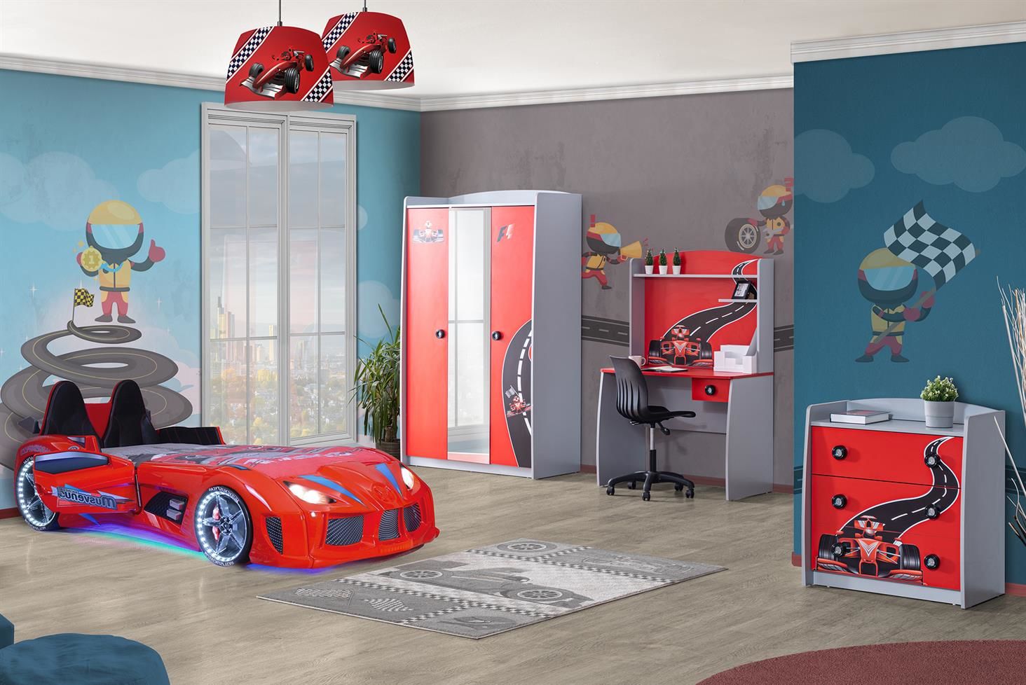 Audi V7 Koltuklu Arabalı Yataklı Formula Çocuk Odası Kırmızı