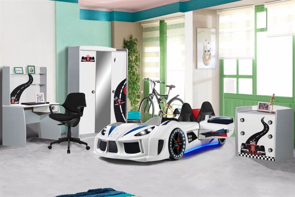 Audi V7 Koltuklu Arabalı Yataklı Formula Çocuk Odası Beyaz