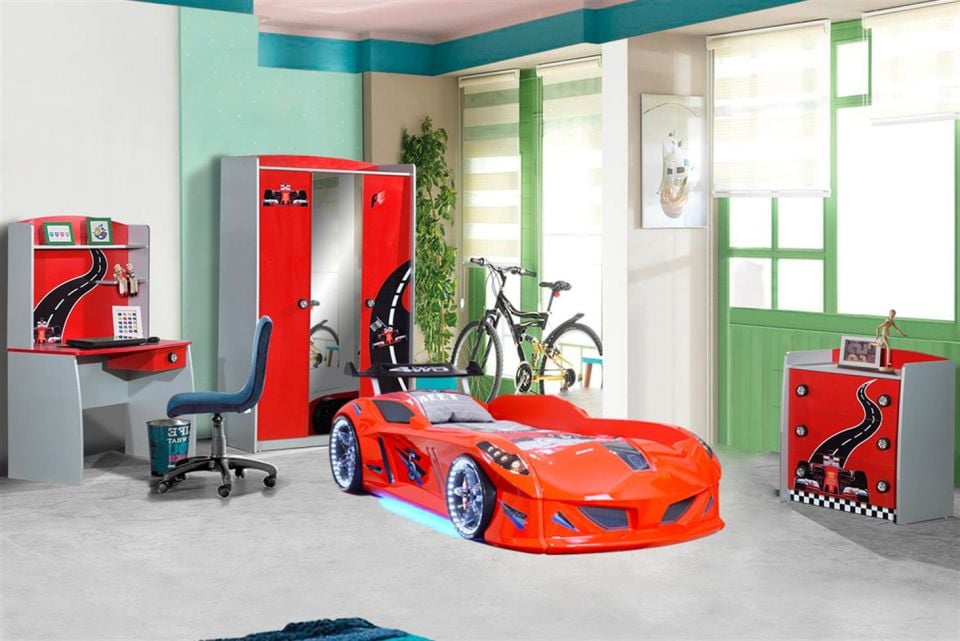 Jaguar Rüzgarlıklı Arabalı Yataklı Formula Çocuk Odası Kırmızı