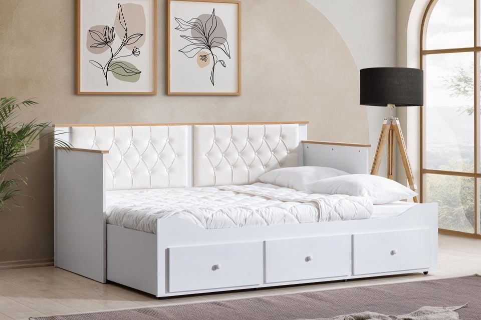 Alaçatı Divan Karyola Çekmeceli Açılır Çift Kişilik + Soft Yatak Krem