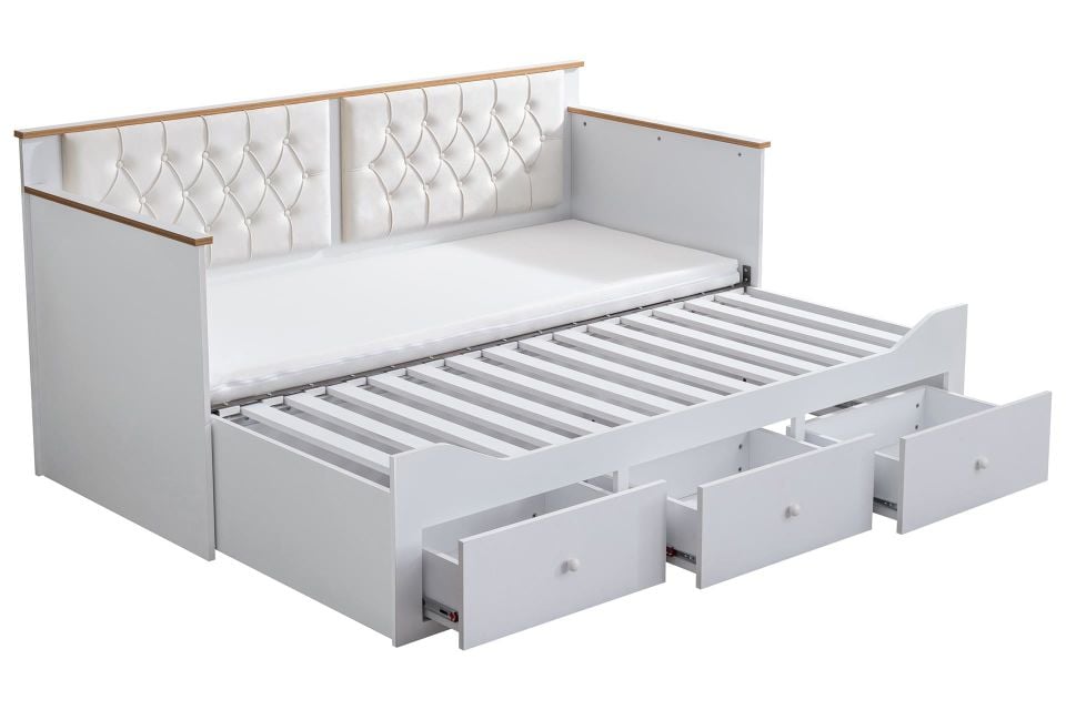 Alaçatı Divan Karyola Çekmeceli Açılır Çift Kişilik + Soft Yatak Krem