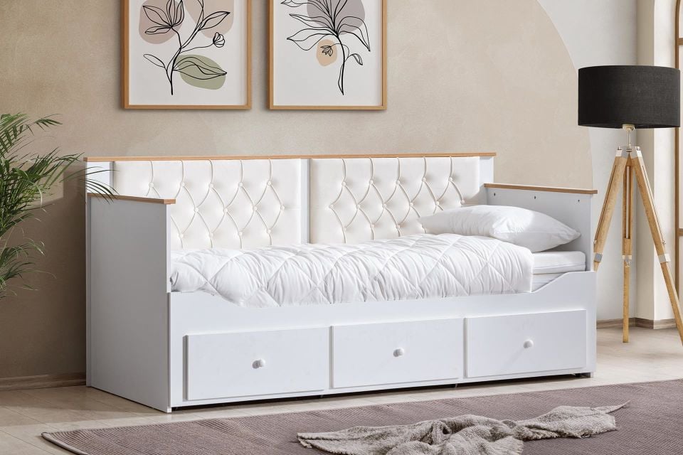 Alaçatı Divan Karyola Çekmeceli Açılır Çift Kişilik + Soft Yatak Krem