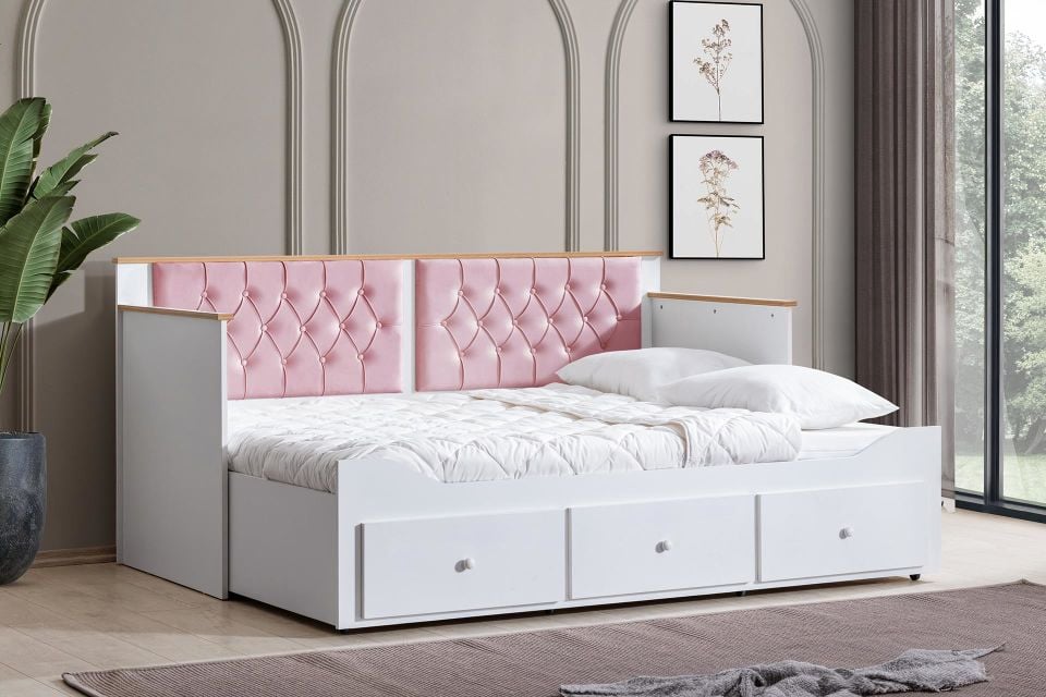 Alaçatı Divan Karyola Çekmeceli Açılır Çift Kişilik + Soft Yatak Pembe