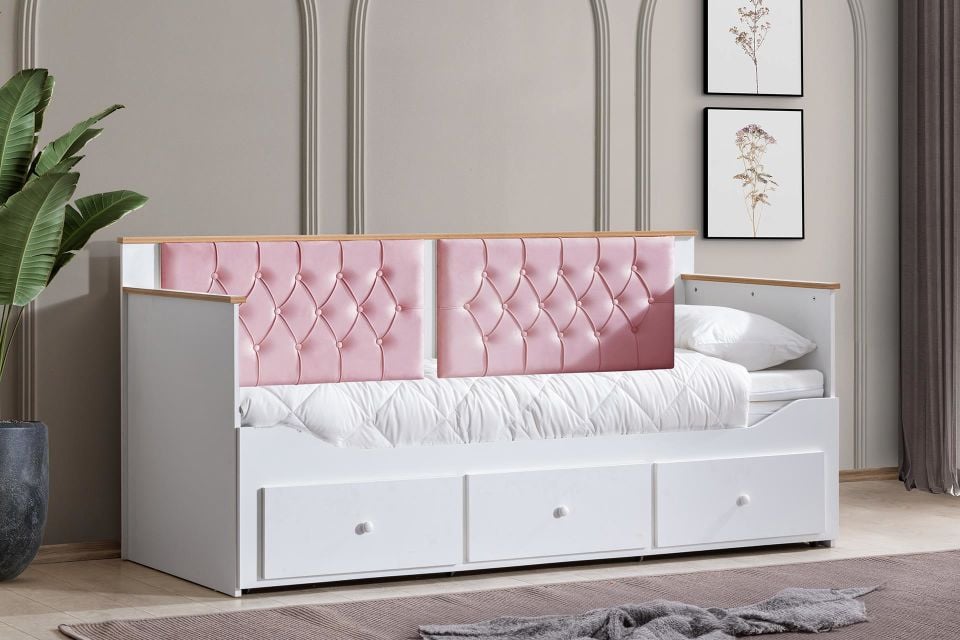 Alaçatı Divan Karyola Çekmeceli Açılır Çift Kişilik (Yataksız) Pembe