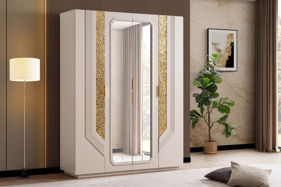 Velora 4 Kapaklı Aynalı Dolap Altın