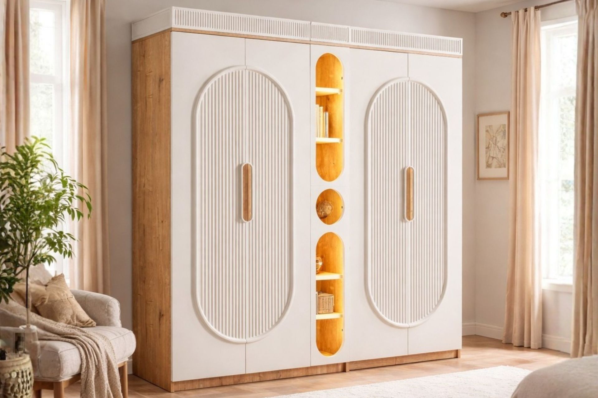 Athena 4 Kapaklı Ledli Kitaplıklı Gardırop, Ceviz - Krem