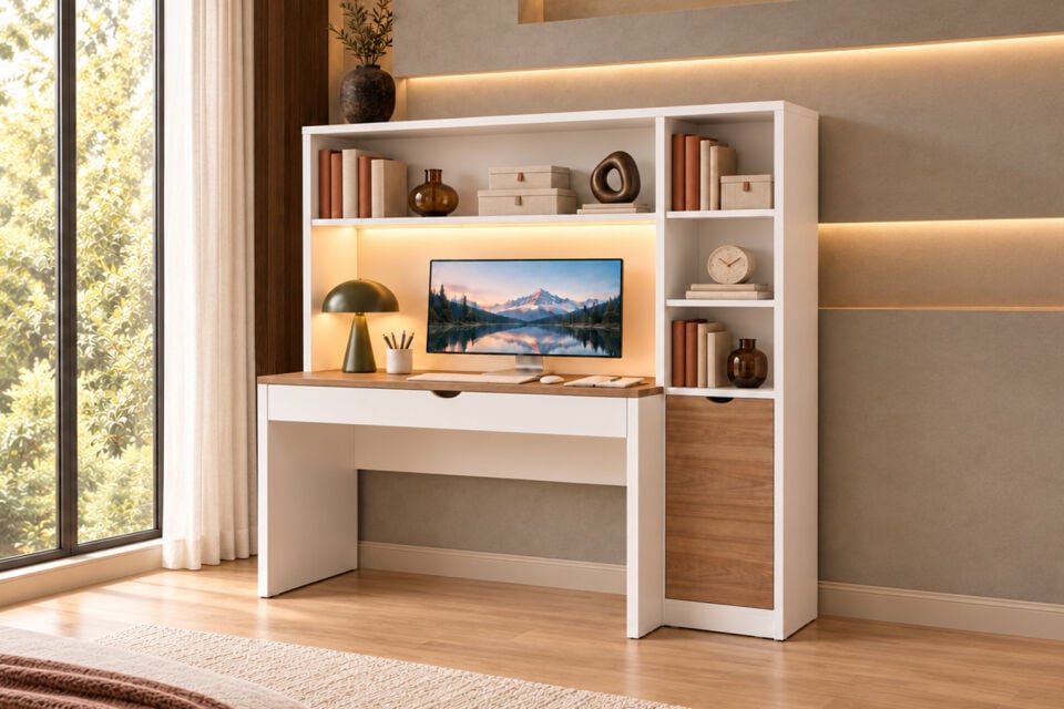Veni Ledli USB Girişli Kitaplıklı Çalışma Masası