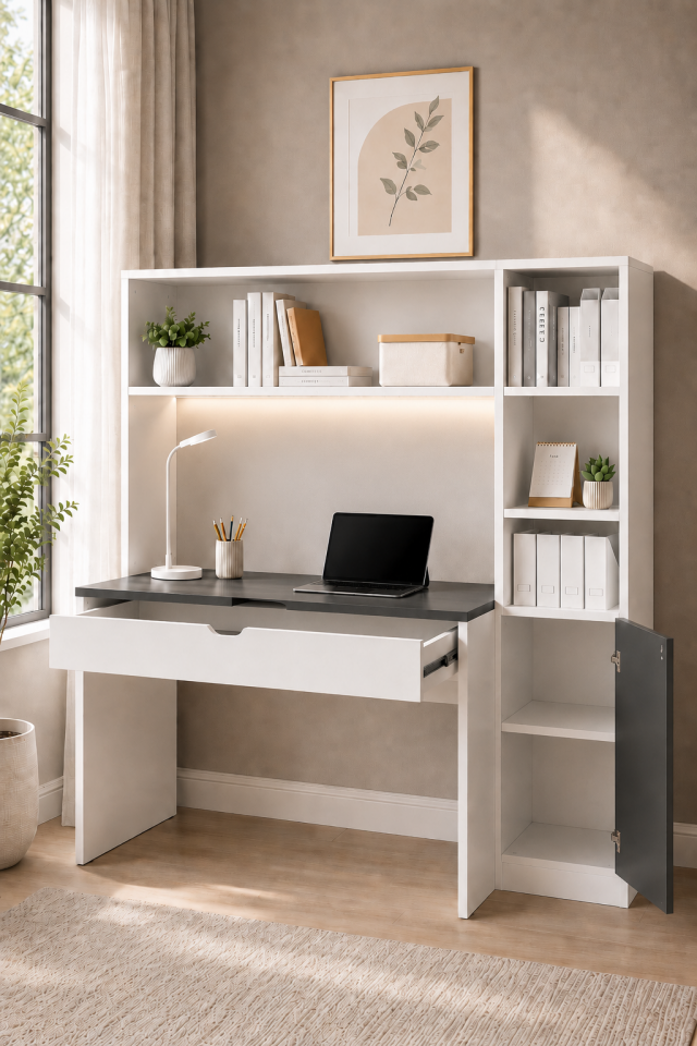 Veni Ledli USB Girişli Kitaplıklı Çalışma Masası Antrasit