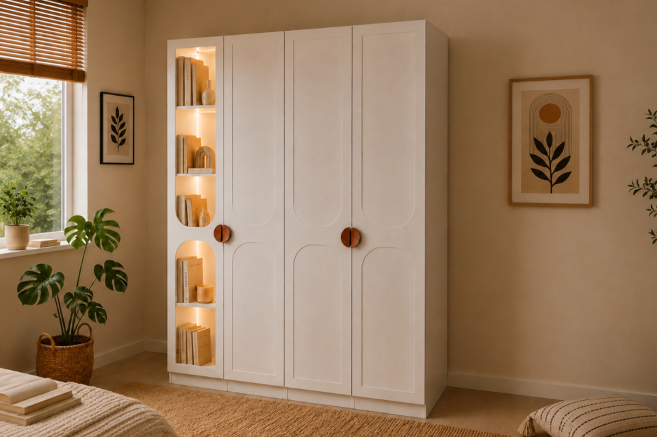 Sardes Kitaplıklı Led Aydınlatmalı 4 Kapılı Dolap