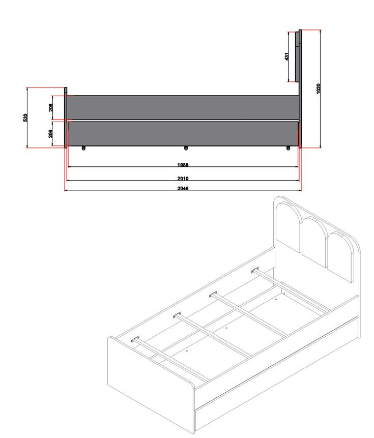Sardes Ledli Başlıklı Yavrulu Karyola 100x200 cm