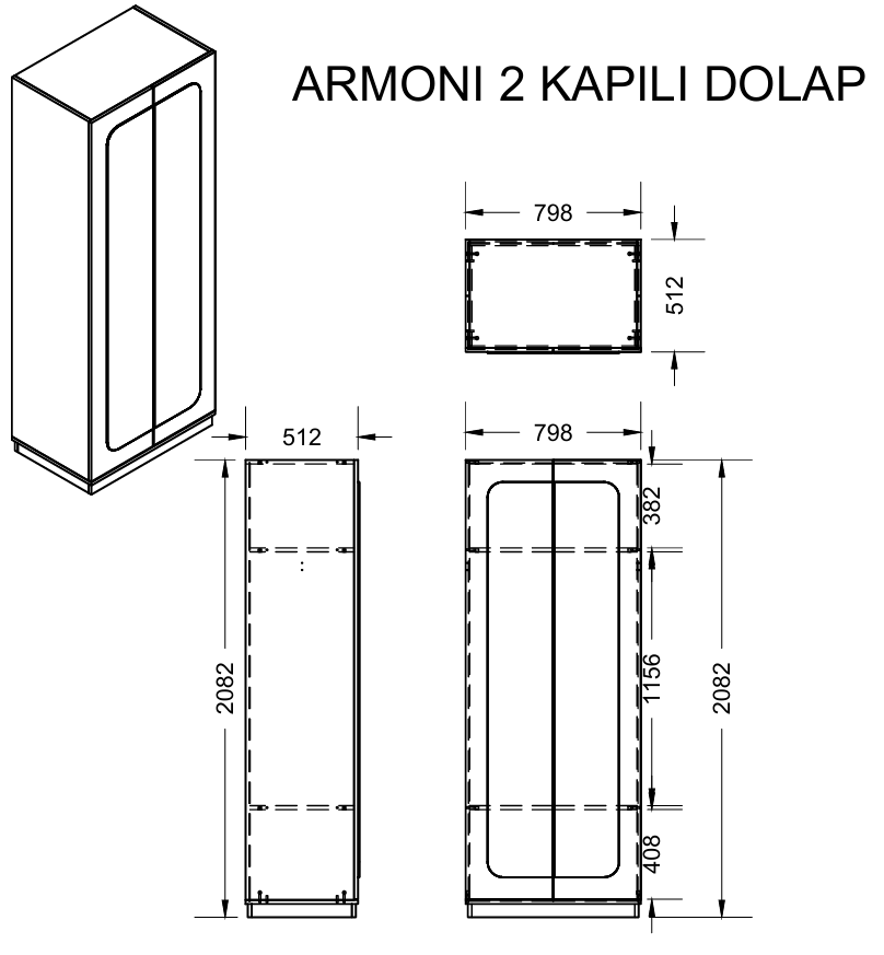 Armoni 2 Kapaklı Bronz Aynalı Gardırop