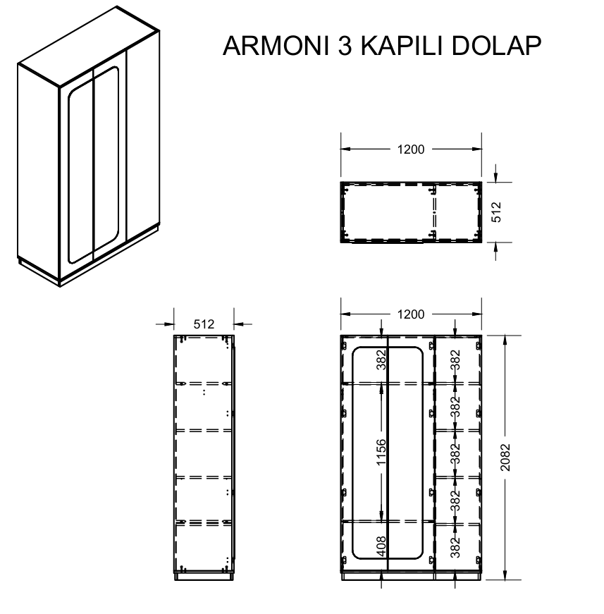 Armoni 3 Kapaklı Bronz Aynalı Gardırop