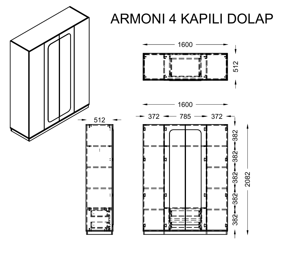 Armoni 4 Kapaklı Bronz Aynalı Gardırop