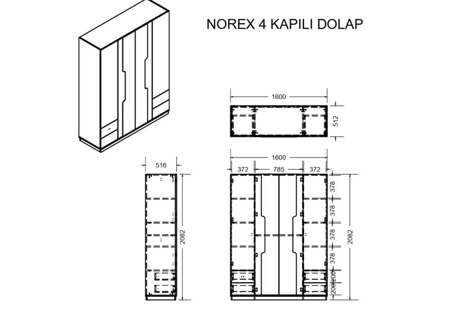 Norex 4 Kapaklı Aynalı Çekmeceli Dolap