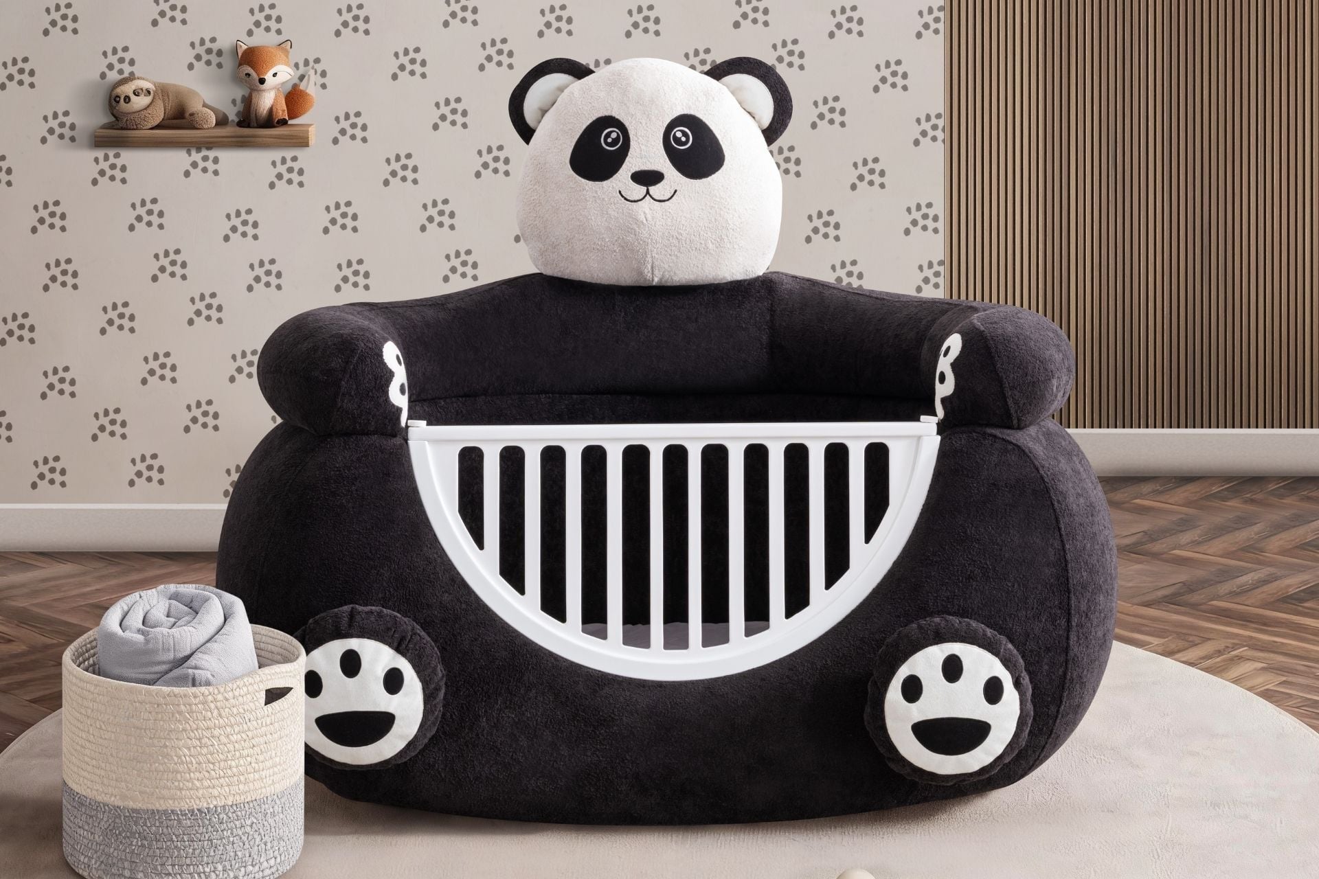 Panda Peluş Kumaşlı Hayvan Figürlü Beşik