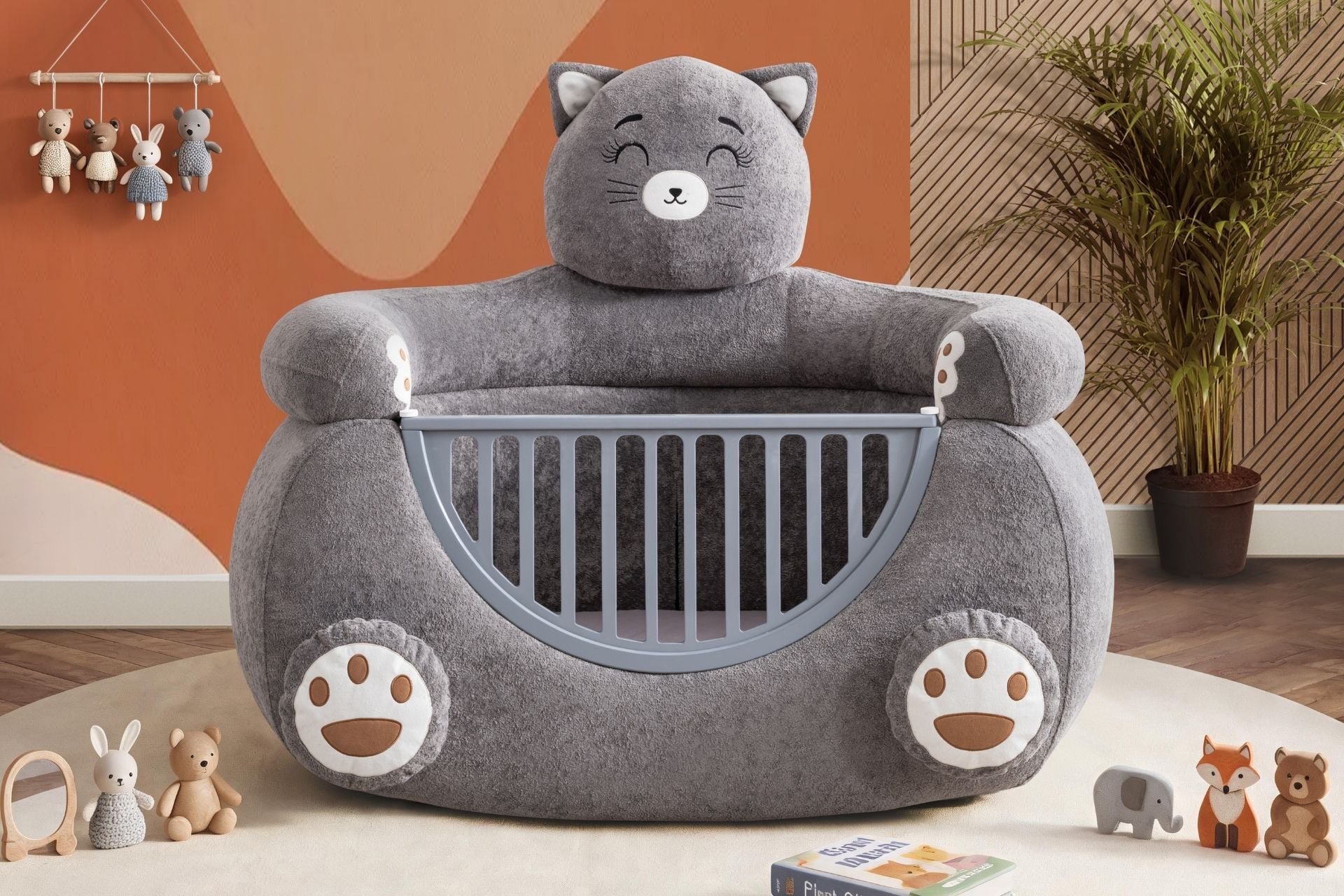 Kedi Peluş Kumaşlı Hayvan Figürlü Beşik