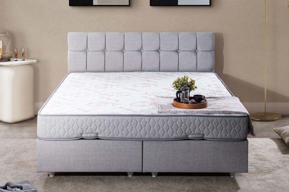 Berlin Çift Kişilik Baza Başlık Letto Yatak Seti 140 x 190 - Açık Gri