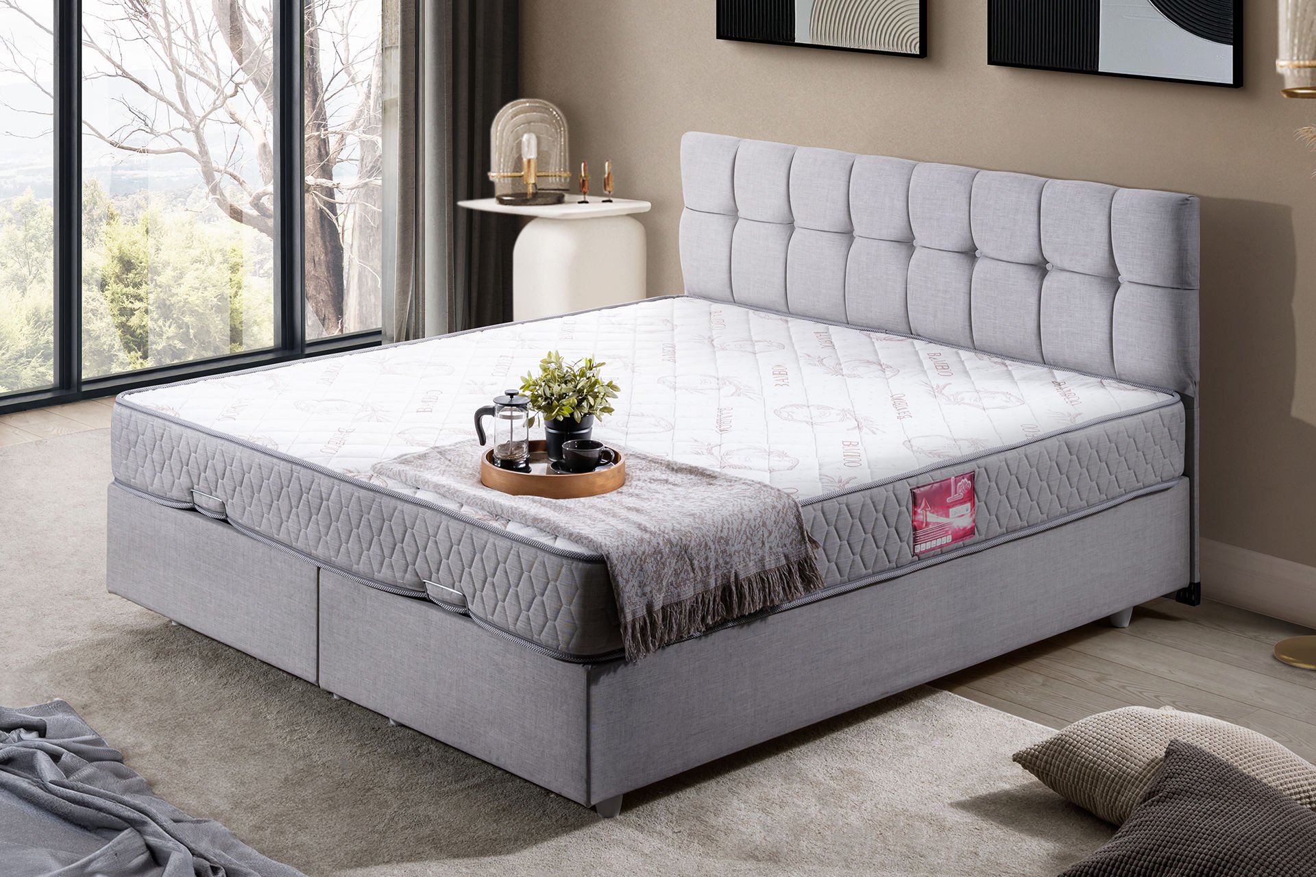 Berlin Çift Kişilik Baza Başlık Letto Yatak Seti 140 x 190 - Açık Gri