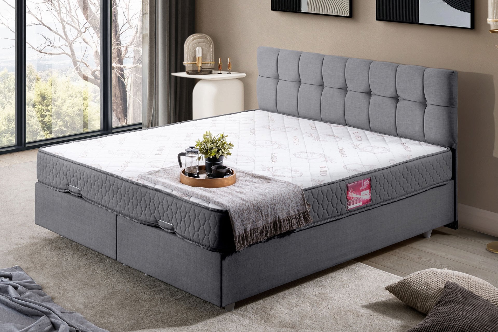 Berlin Çift Kişilik Baza Başlık Letto Yatak Seti 140 x 190 - Gri