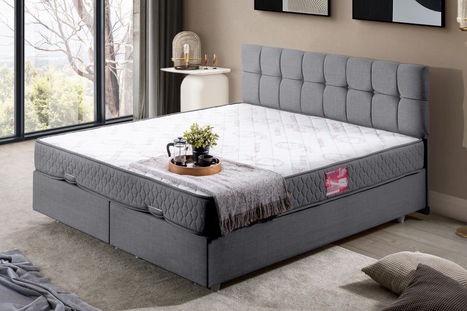 Berlin Çift Kişilik Baza Başlık Letto Yatak Seti 150 x 200 - Gri