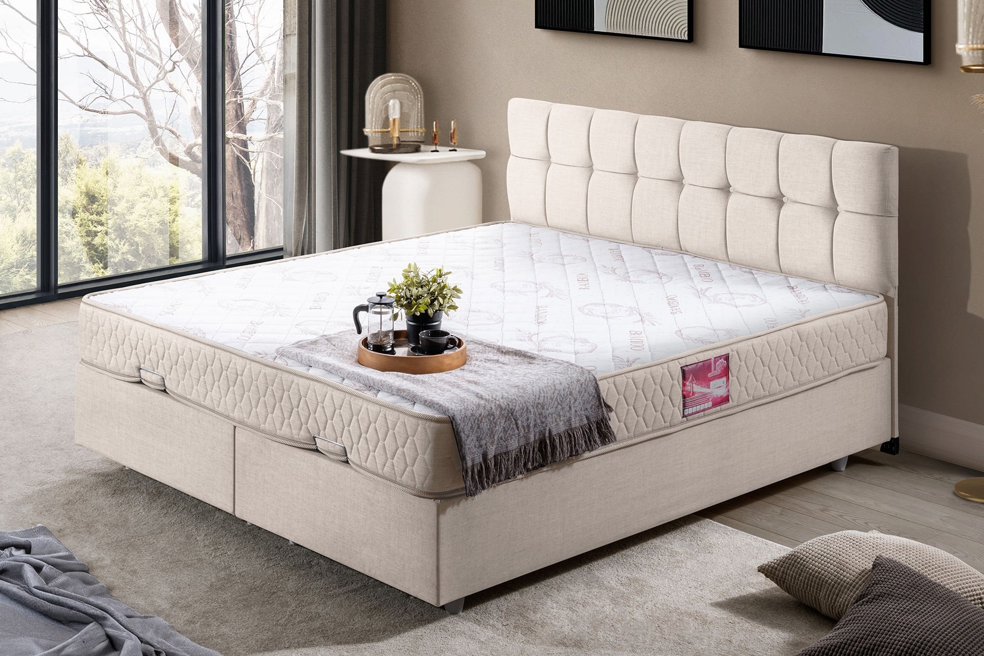 Berlin Çift Kişilik Baza Başlık Letto Yatak Seti 160 x 200 - Krem