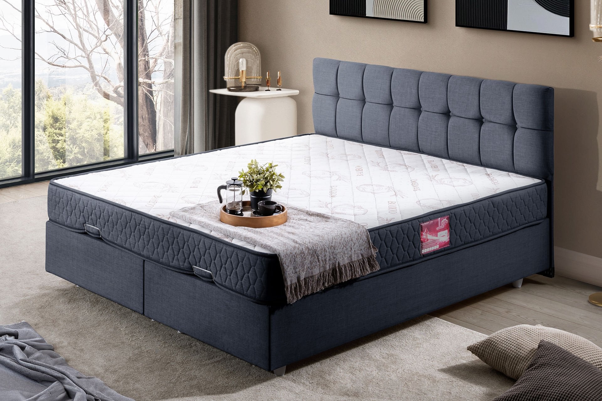Berlin Çift Kişilik Baza Başlık Letto Yatak Seti 180 x 200 - Lacivert