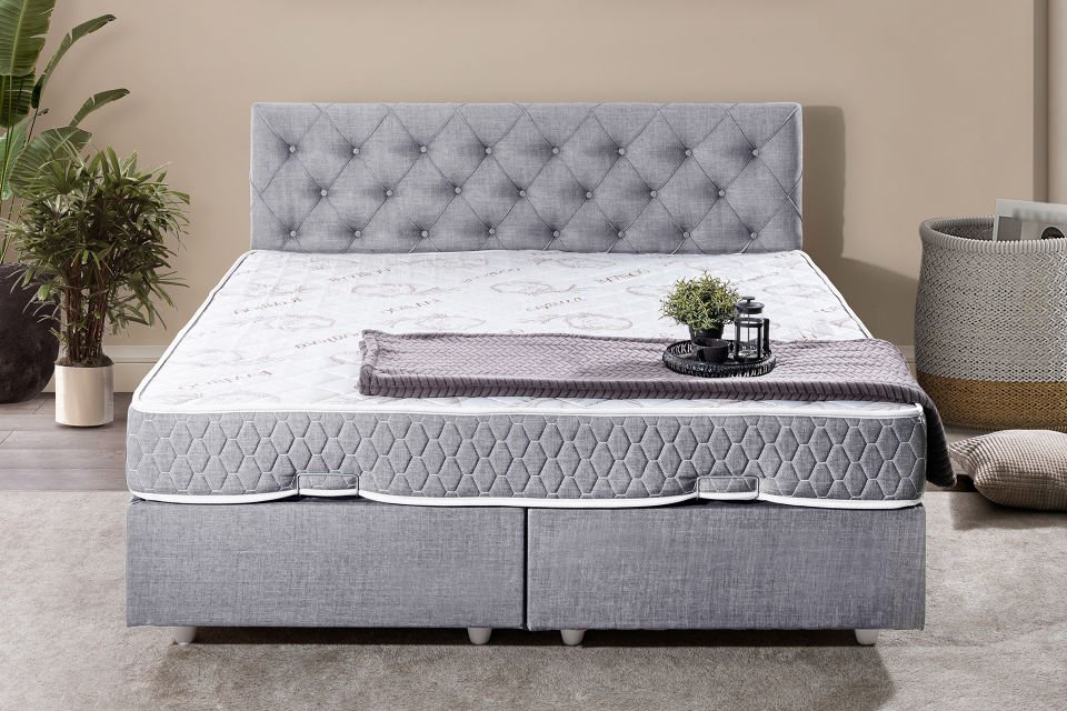 Eylül Çift Kişilik Baza Başlık Letto Yatak Seti 140 x 190 - Açık Gri
