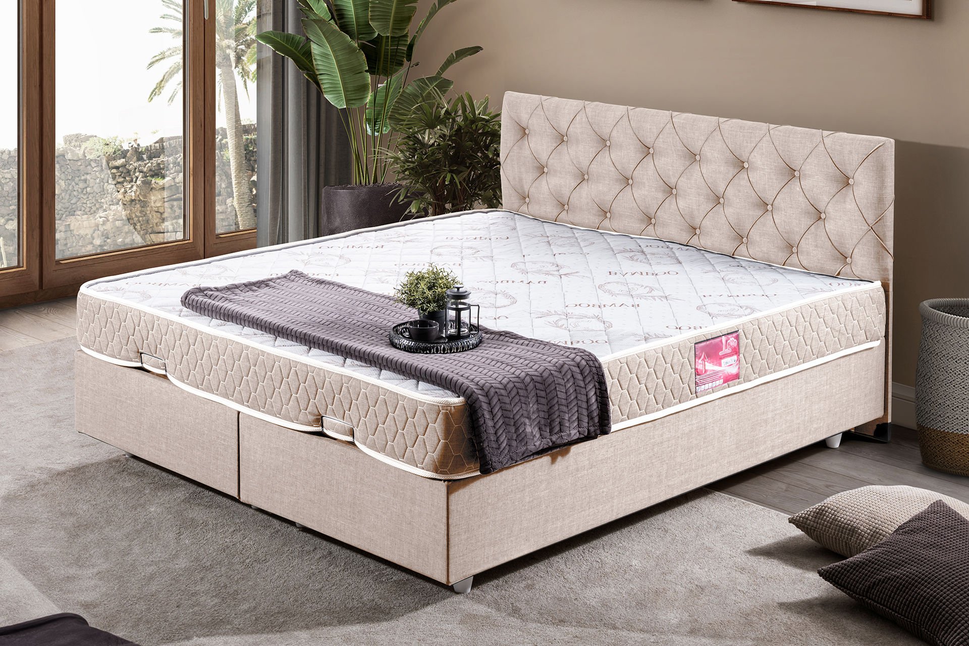 Eylül Çift Kişilik Baza Başlık Letto Yatak Seti 160 x 200 - Krem