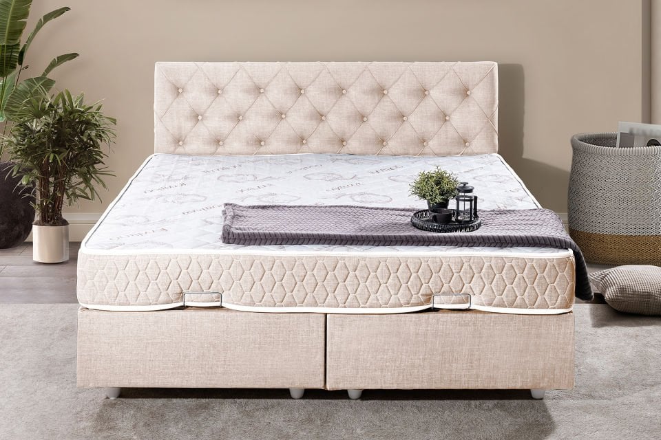Eylül Çift Kişilik Baza Başlık Letto Yatak Seti 180 x 200 - Krem